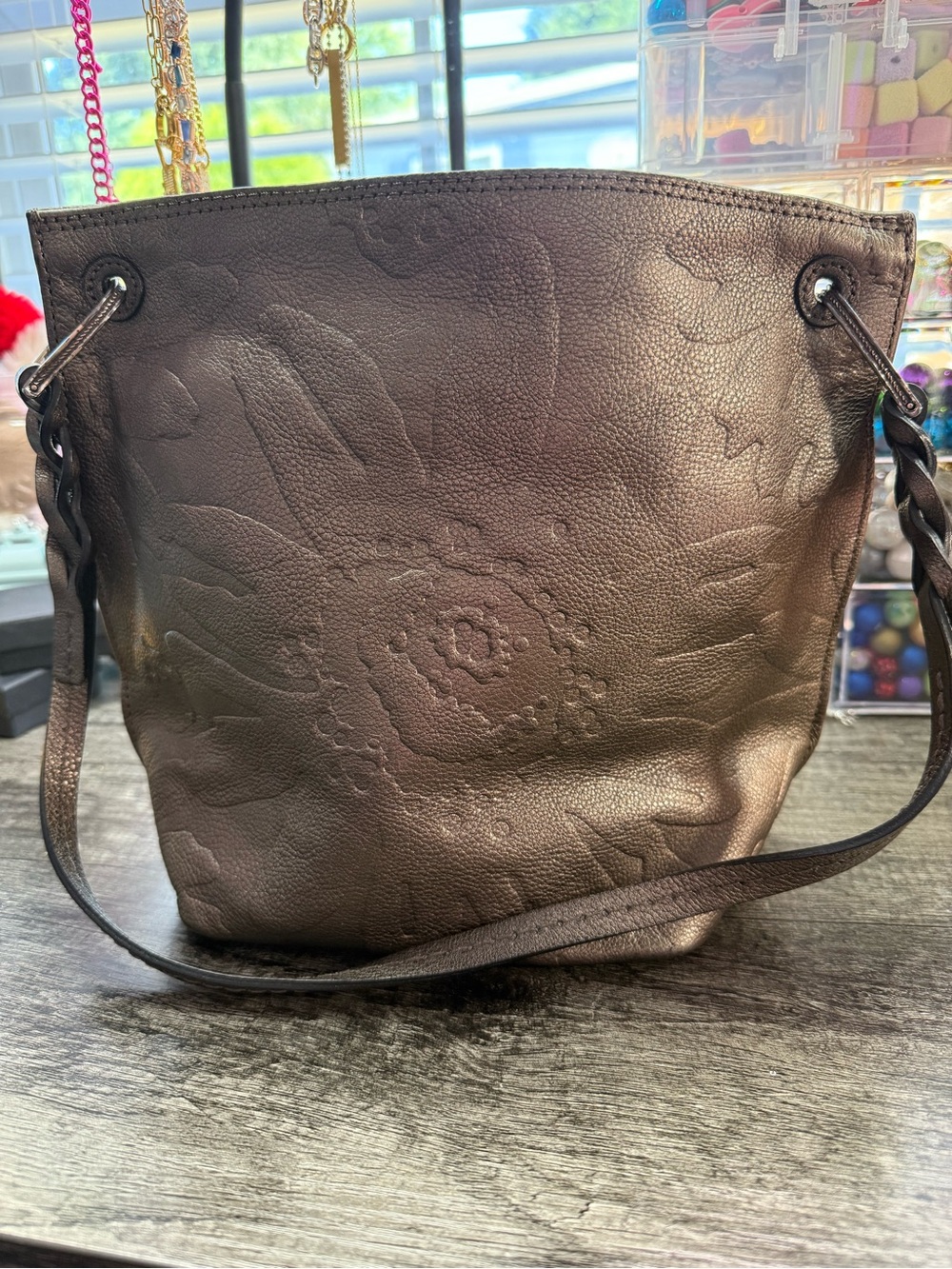 Brighton Metallic Bronze Floral-Embossed Shoulder Bag